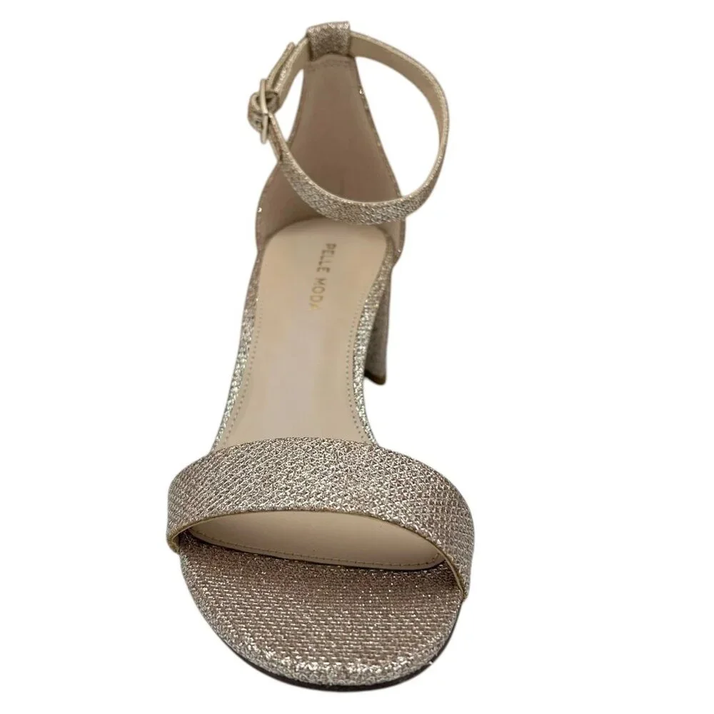Pelle Moda‎ Women’s Monroe Sandal 7.5 Metallic Plat Gold Block Heel Ankle Strap